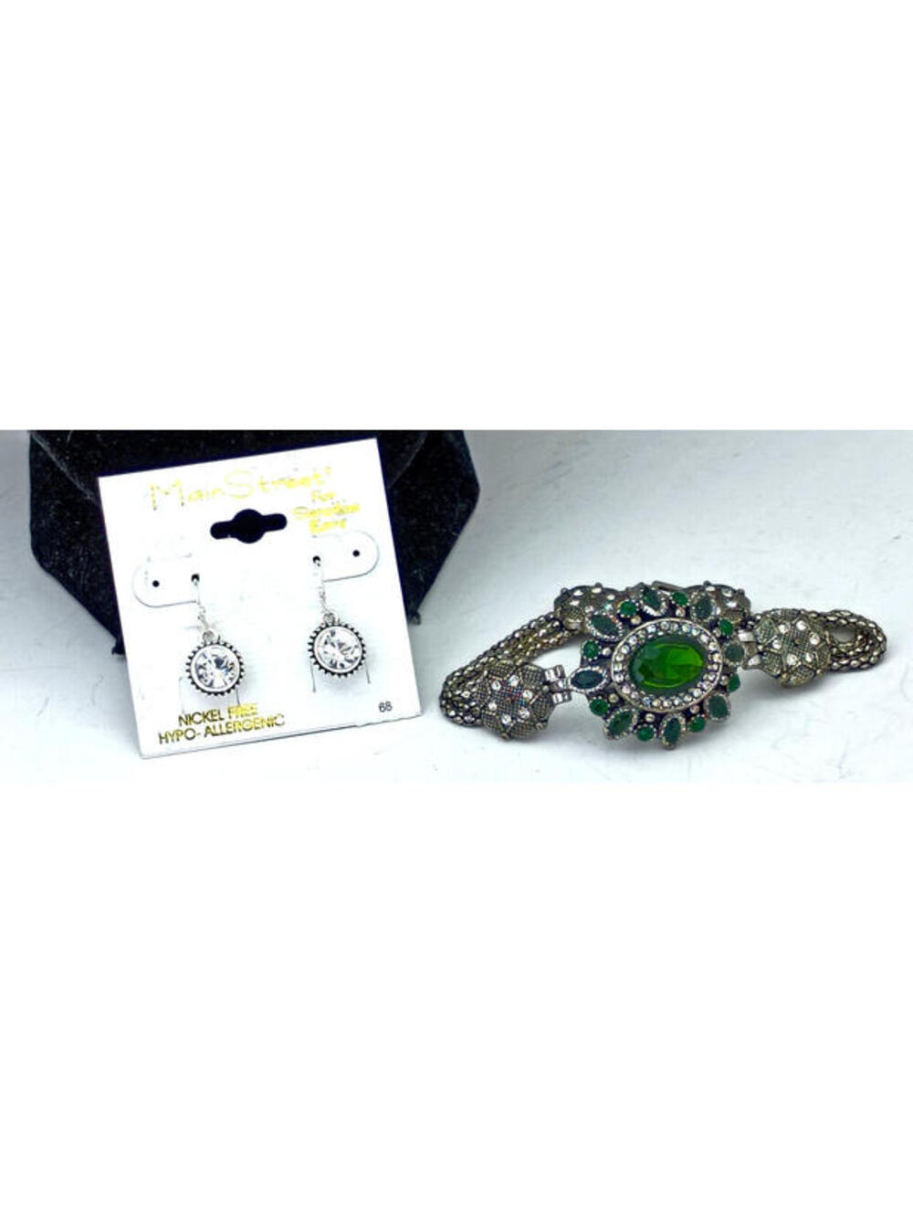 Green Silver Rhinestone Bracelet & Main Street Hypo-Alergenic Pierced Earrings